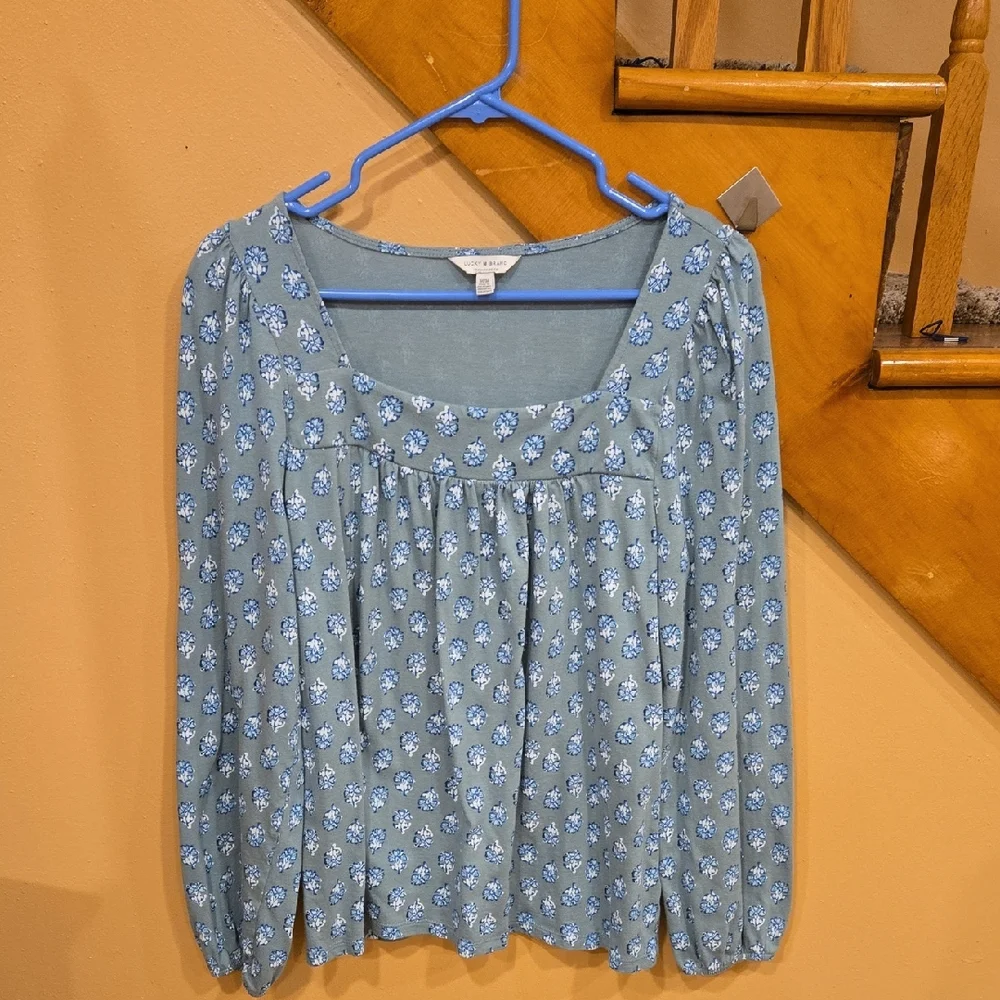 Lucky Brand Green And Blue Floral Blouse With Square Neclime Size Medium - Picture 1 of 5